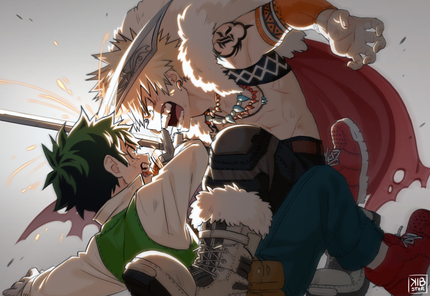 2boys afterimage alternate_eye_color alternate_universe angry ankle_boots arm_support artist_name bakugou_katsuki belt between_legs black_pants blonde_hair blue_pants body_markings boku_no_hero_academia boots brown_belt cape commentary cross-laced_footwear crossed_swords cutlass detached_sleeves eye_contact face-to-face fighting floating_cape freckles from_side full_body fur-trimmed_boots fur-trimmed_cape fur_trim furious gloves gradient_background green_eyes green_hair green_vest grey_background grey_footwear grey_gloves hands_up head_down highres holding holding_sword holding_weapon jewelry kibstar knee_pads knee_up leaning_forward leg_up light long_sleeves looking_at_another male_focus midoriya_izuku multiple_boys multiple_necklaces necklace no_shirt official_alternate_costume open_mouth orange_eyes outstretched_arm pants pouch profile reclining red_cape red_footwear scratches shirt short_hair socks sparks spiked_hair squatting sword sword_fight tooth_earrings tooth_necklace torn_cape torn_clothes triangle_print v-shaped_eyebrows vest weapon white_shirt white_socks