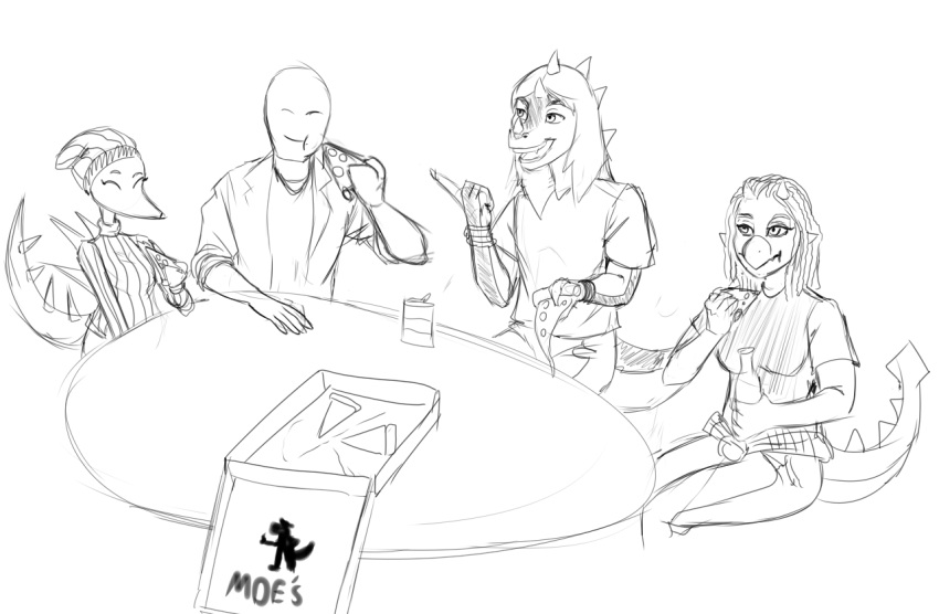 ankylosaurian ankylosaurid ankylosaurus anon_(snoot_game) anthro babs_(gvh) bald bottomwear breasts clothed clothing clubbed_tail dinosaur erin_(snoot_game) eyes_closed faceless_character faceless_human faceless_male female female_anthro food furniture goodbye_volcano_high grin group hair horn human male male_anthro mammal monochrome nathan_(gvh) ornithischian pants pizza pizza_box pizza_slice reptile scalie shirt simple_background sitting smile snoot_game snout spiked_tail spikes spikes_(anatomy) sweater table tail thyreophoran topwear unknown_artist weapon_tail