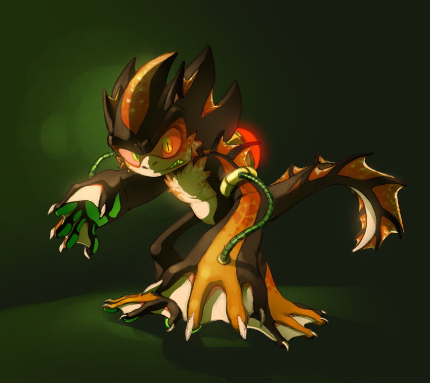 1boy alternate_form animal_feet animal_hands black_skin cable claws clenched_teeth colored_sclera colored_skin commentary constricted_pupils english_commentary evan_stanley furrowed_brow furry furry_male glowing green_background green_eyes highres lizard_tail looking_at_viewer male_focus multicolored_skin orange_skin pawpads red_sclera reptile_boy shadow_the_hedgehog sideways_mouth simple_background slit_pupils solo sonic_(series) tail teeth webbed_feet webbed_hands white_skin