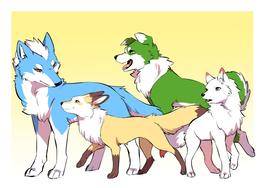 2020 akafude_(tsukune_minaga) ambiguous_gender blue_body blue_eyes blue_fur brown_body brown_fur canid canine canis countershading digital_media_(artwork) dipstick_ears dipstick_tail domestic_dog feral fluffy fluffy_tail fox fur gloves_(marking) green_body green_eyes green_fur group hi_res leg_markings mammal mane markings mouth_closed multicolored_ears open_mouth quadruped red_body red_eyes red_fur rokushou_(tsukune_minaga) ruff shiranui_(tsukune_minaga) socks_(marking) tail tail_markings tan_body tan_fur tategami_(tsukune_minaga) tongue tongue_out tsukune_minaga white_body white_fur white_mane white_ruff wolf yellow_eyes