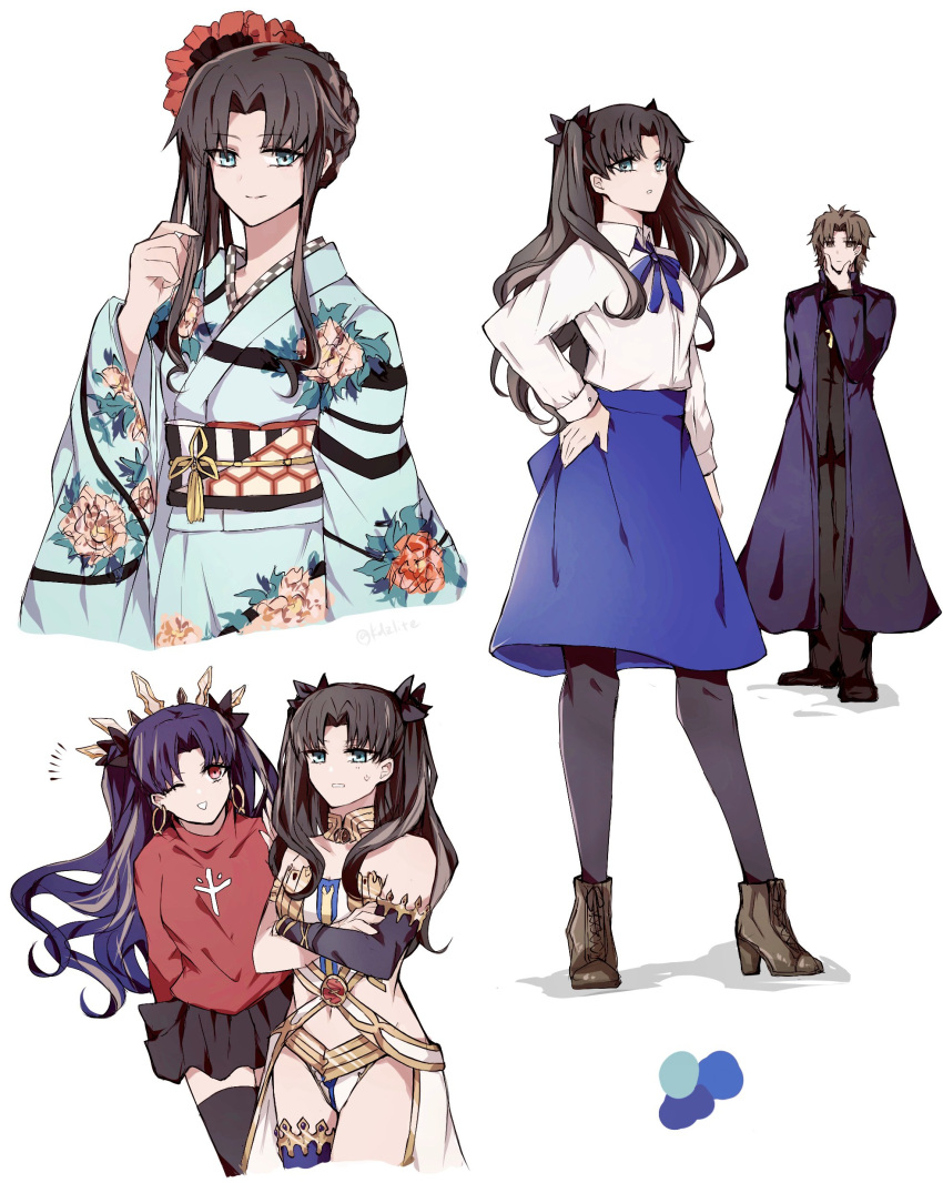 1boy 2girls absurdres alternate_costume artoria_pendragon_(fate) black_thighhighs blue_eyes blue_kimono brown_hair cosplay detached_sleeves earrings fate_(series) hair_ribbon highres ishtar_(fate) ishtar_(fate)_(cosplay) japanese_clothes jewelry kimono kotomine_kirei long_hair long_sleeves looking_at_viewer multiple_girls open_mouth red_eyes ribbon saber saber_(cosplay) single_detached_sleeve single_thighhigh skirt smile sodamachi thighhighs tohsaka_rin twintails yukata