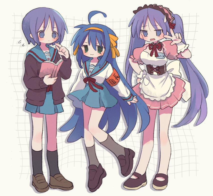 3girls :3 ahoge apron armband arms_at_sides asahina_mikuru asahina_mikuru_(cosplay) black_socks blue_eyes blue_hair blue_sailor_collar blue_skirt blush bob_cut book bow bowtie breasts brown_cardigan brown_corset brown_footwear brown_socks cardigan closed_mouth commentary corset cosplay detached_collar dot_mouth dress dress_bow frilled_apron frilled_wrist_cuffs frills full_body furrowed_brow green_eyes grid_background hair_between_eyes hair_bow hairband hand_on_own_hip hands_up highres hiiragi_kagami hiiragi_tsukasa holding holding_book index_finger_raised izumi_konata jitome kita_high_school_uniform loafers long_hair long_sleeves looking_at_another looking_at_viewer lucky_star maid maid_headdress mary_janes medium_breasts medium_hair miniskirt mole mole_under_eye multiple_girls nagato_yuki nagato_yuki_(cosplay) name_tag neckerchief no_nose open_cardigan open_clothes open_mouth orange_bow orange_hairband parted_bangs pink_dress pleated_skirt puffy_short_sleeves puffy_sleeves purple_hair red_armband red_bow red_bowtie red_neckerchief ri_(qrcode) sailor_collar school_uniform shirt shoes short_dress short_eyebrows short_sleeves sidelocks simple_background skirt socks standing straight_hair suzumiya_haruhi suzumiya_haruhi_(cosplay) suzumiya_haruhi_no_yuuutsu sweatdrop tsurime twintails v-shaped_eyebrows v_over_eye very_long_hair waist_apron white_apron white_background white_bow white_shirt winter_uniform wrist_cuffs
