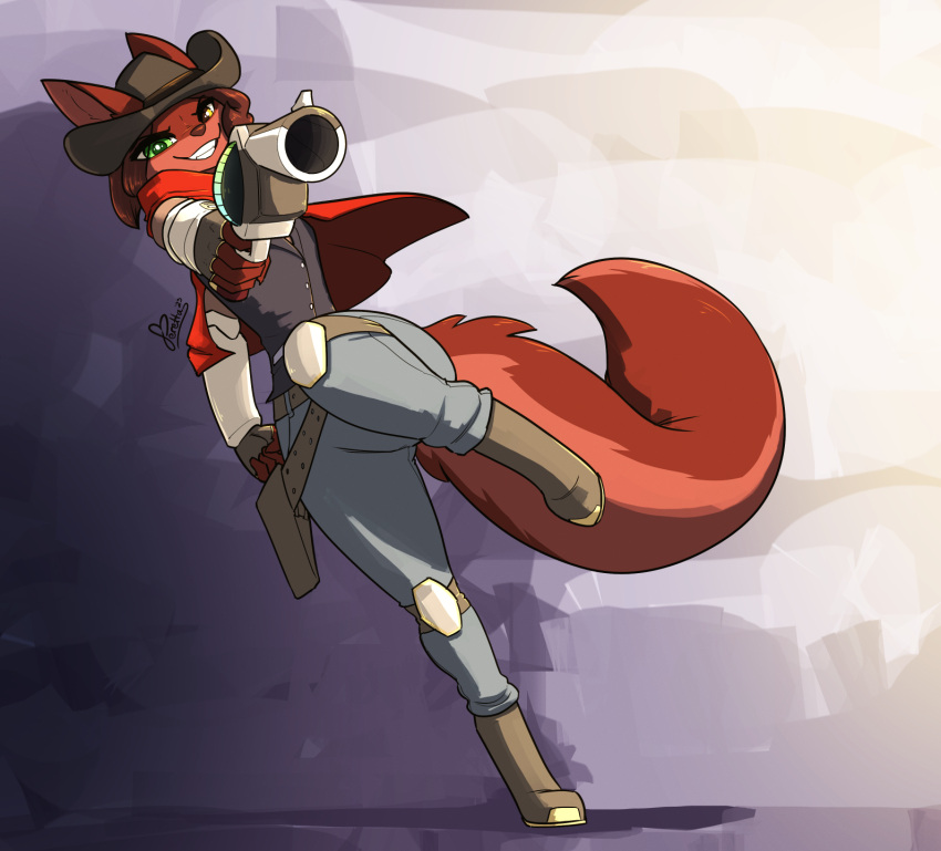 action_pose aiming_at_viewer brown_body brown_fur brown_hair canid canine clothing cowboy_hat female feretta fox fur green_eyes grin gun gunslinger hair hat headgear headwear heterochromia hi_res looking_at_viewer mammal pose ranged_weapon simple_background smile weapon yellow_eyes