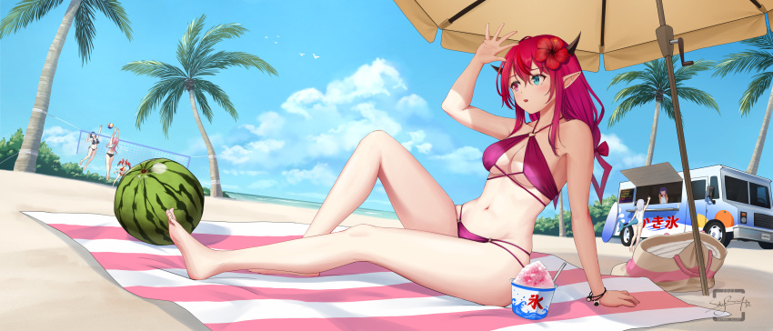 6+girls absurdres alternate_costume arm_support arm_up barefoot beach_towel beach_umbrella bikini black_bikini blue_eyes blue_sky bracelet breasts cloud cloudy_sky day demon_horns feet flower food food_truck fruit full_body gawr_gura gradient_hair hair_between_eyes hair_flower hair_ornament hakos_baelz heterochromia highres hololive hololive_english horns irys_(hololive) jewelry knee_up legs long_hair looking_to_the_side mori_calliope multicolored_hair multiple_girls navel ninomae_ina'nis on_ground ouro_kronii palm_tree purple_bikini purple_eyes purple_hair red_bikini red_hair shadow shaved_ice sidelocks signature sitting skindentation sky skyrail solo_focus swimsuit thighs toes towel tree umbrella underboob virtual_youtuber volleyball watermelon