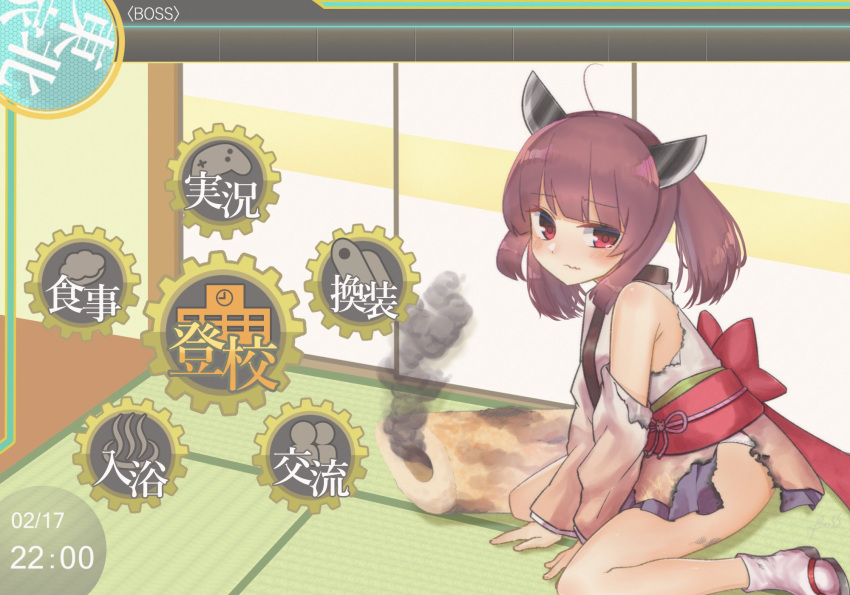 &lt;boss&gt; 1girl ahoge armpit_crease artist_name back_bow blade blush bow brown_hair brown_kimono commentary_request controller damaged fake_screenshot frown game_controller gradient_kimono grey_kimono headgear highres japanese_clothes kantai_collection kimono kiritanpo_(food) long_hair long_sleeves looking_at_viewer obi obijime okobo onsen_symbol oversized_food oversized_object panties panty_peek parody red_bow red_eyes sash short_kimono single_bare_shoulder sitting smoke solo tabi tearing_up timestamp torn_clothes touhoku_kiritan translation_request twintails underwear user_interface voiceroid wariza wavy_mouth white_panties zunda_mochi