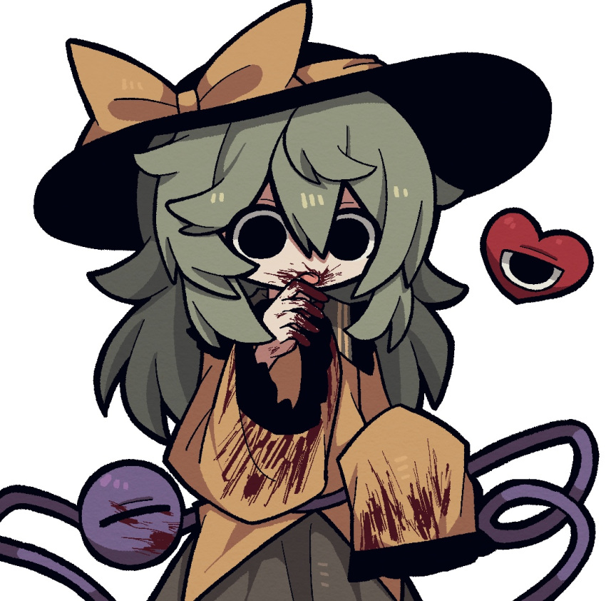 1girl black_eyes black_headwear blood blood_on_clothes blood_on_face blood_on_hands blood_on_mouth blood_stain collared_shirt empty_eyes frilled_shirt frilled_shirt_collar frilled_sleeves frills green_hair green_skirt hair_between_eyes hand_to_own_mouth hat hat_ribbon heart jaggy_lines komeiji_koishi licking licking_finger long_hair long_sleeves ribbon shirt simple_background skirt sleeves_past_fingers sleeves_past_wrists solo third_eye tongue tongue_out touhou white_background yellow_ribbon yellow_shirt zunusama