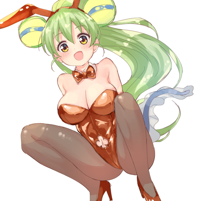 1girl :d absurdres animal_ears arms_behind_back bare_shoulders blush bow bowtie breasts brown_eyes brown_pantyhose cleavage clothing_cutout club_cutout collar detached_collar fake_animal_ears green_hair hair_between_eyes hairband high_heels high_ponytail highres jacklyn_(show_by_rock!!) knees_up large_breasts leotard long_hair looking_at_viewer navel navel_cutout nyama pantyhose playboy_bunny ponytail rabbit_ears red_bow red_bowtie red_footwear red_hairband red_leotard red_theme shoes show_by_rock!! simple_background smile solo squatting strapless strapless_leotard tadpole_tail tail very_long_hair white_background white_collar wing_collar