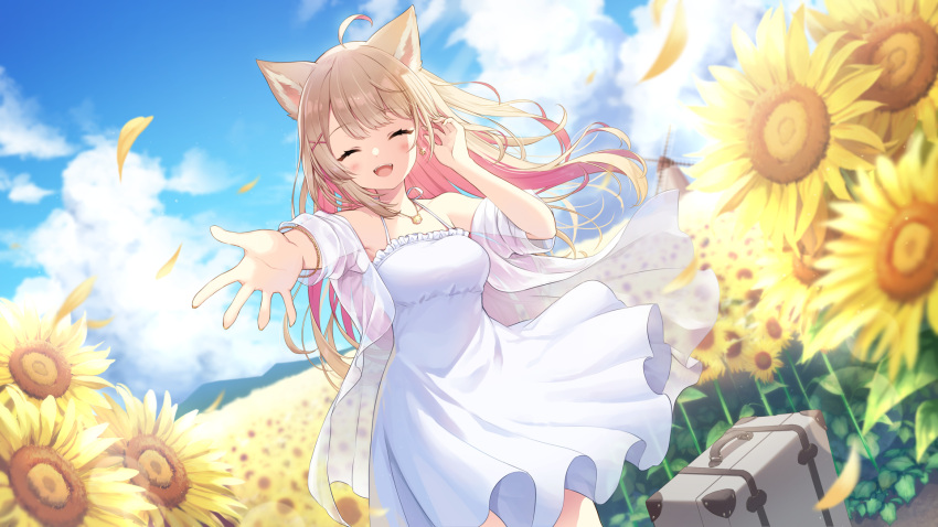 1girl :d ahoge animal_ear_fluff animal_ears blonde_hair blue_sky blush bracelet closed_eyes cloud colored_inner_hair day dog_ears dog_girl dress dutch_angle earrings falling_petals field floating_hair flower flower_earrings flower_field hair_ornament highres inumaki_himari jewelry long_hair looking_at_viewer multicolored_hair necklace off_shoulder outstretched_arms petals pink_hair reimin second-party_source see-through see-through_shirt sky smile solo suitcase sundress sunflower two-tone_hair virtual_youtuber wactor_production white_dress wind windmill x_hair_ornament yellow_flower