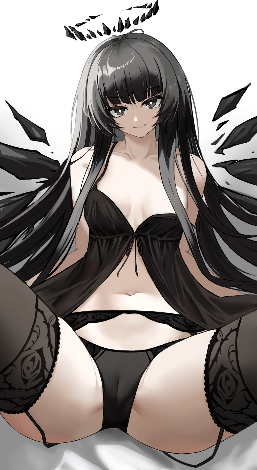 1girl absurdres antenna_hair arknights arm_support bare_arms black_chemise black_eyes black_garter_belt black_garter_straps black_hair black_halo black_panties black_ribbon black_thighhighs black_wings blunt_bangs breasts broken_halo cameltoe chemise cleavage closed_mouth collarbone commentary dark_halo detached_wings dress energy_wings foreshortening garter_belt garter_straps halo head_tilt highres hime_cut invisible_floor leaning_back lingerie long_hair looking_at_viewer medium_breasts mole mole_under_eye navel no_bra pale_skin panties presenting presenting_pussy ribbon seductive_smile shadow sidelocks simple_background single_off_shoulder sitting sleeveless smile solo spread_legs stomach symbol-only_commentary thighhighs underwear underwear_only very_long_hair virtuosa_(arknights) white_background wings yuweishizi