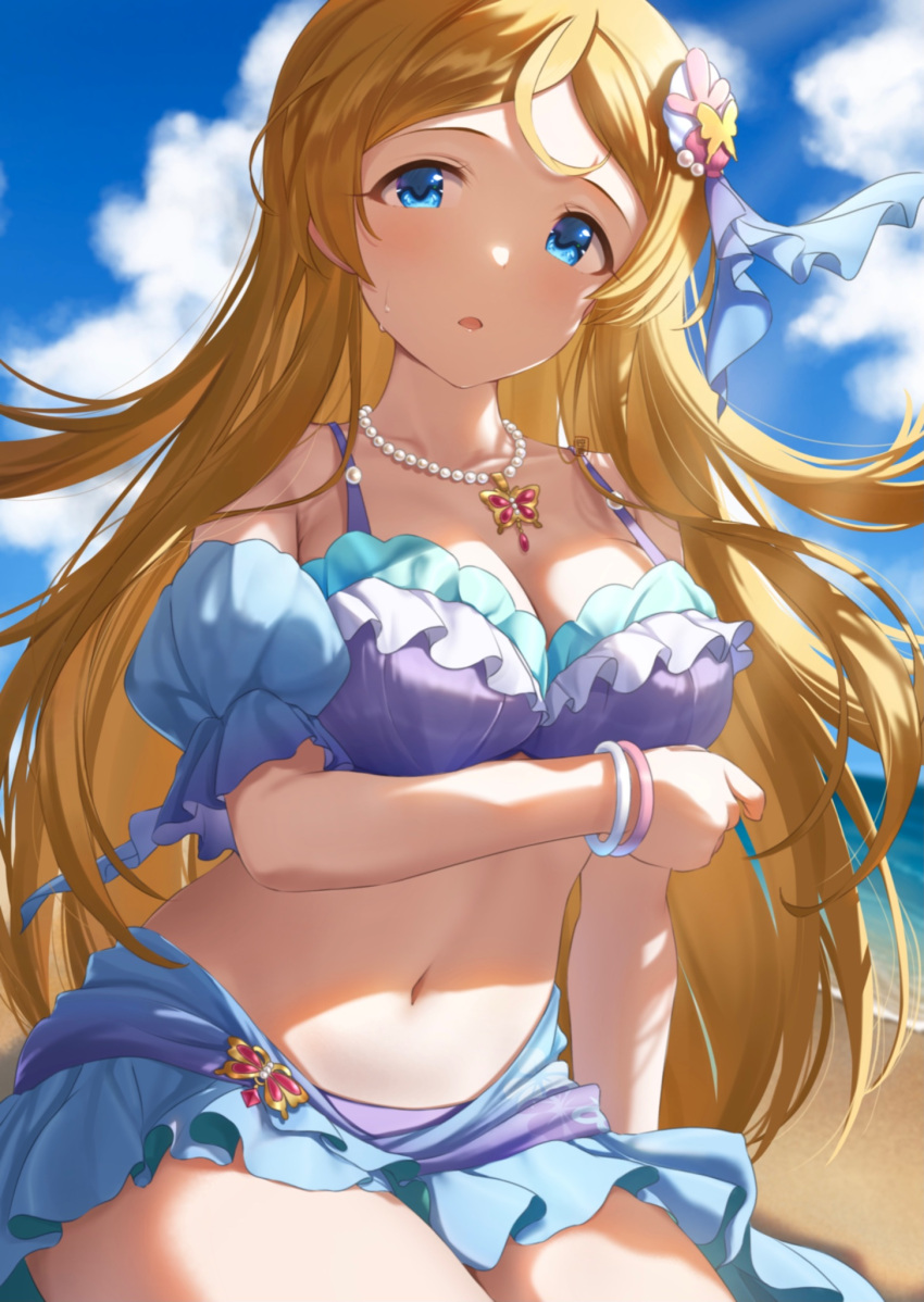 1girl arm_under_breasts bare_shoulders beach bikini blonde_hair blue_eyes blue_sky blue_sleeves blush breasts butterfly_hair_ornament butterfly_necklace cleavage cloud collarbone day detached_sleeves floral_print frilled_bikini frilled_sleeves frills hair_ornament highres idolmaster idolmaster_million_live! idolmaster_million_live!_theater_days jewelry large_breasts long_hair looking_at_viewer multiple_bracelets navel necklace ocean open_mouth outdoors pearl_necklace print_sarong sarong sasa_koutoyomu shadow shinomiya_karen short_sleeves signature sitting sky solo sweatdrop swimsuit two-tone_bikini very_long_hair
