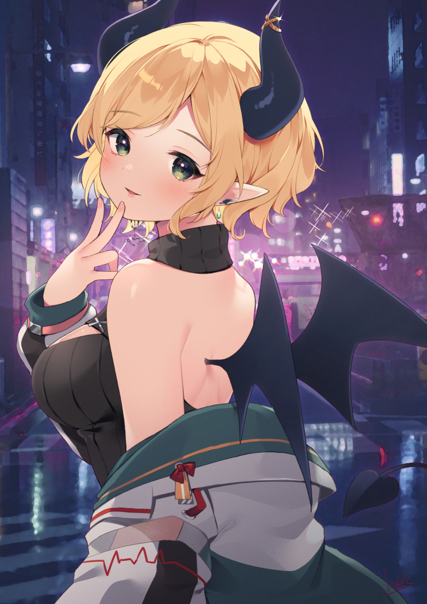 1girl absurdres bare_shoulders blonde_hair breasts demon_girl demon_horns demon_tail demon_wings earrings green_eyes highres hololive horns japanese_clothes jewelry large_breasts looking_at_viewer nyasunyadoora pointy_ears ribbed_shirt shirt short_hair solo tail turtleneck virtual_youtuber wings yuzuki_choco