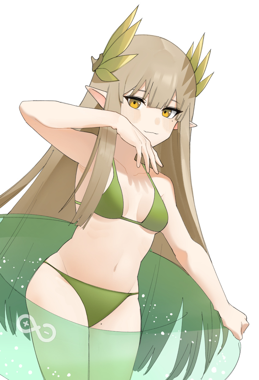 1girl absurdres arknights bare_arms bare_shoulders bikini breasts brown_hair closed_mouth collarbone green_bikini highres infinity innertube mole mole_under_eye muelsyse_(arknights) pointy_ears simple_background small_breasts smile soda_(sod4) solo standing swimsuit transparent white_background yellow_eyes