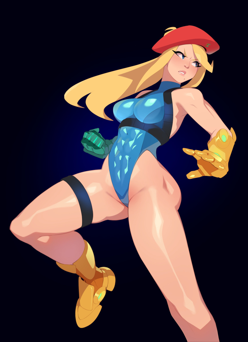 1girl abs absurdres adapted_costume beret black_background blonde_hair blue_eyes blue_leotard boots breasts cammy_white cammy_white_(cosplay) combos_&amp;_doodles cosplay curvy fighting_stance gauntlets gloves hat highleg highleg_leotard highres jumping leotard lips long_hair looking_to_the_side medium_breasts metroid muscular muscular_female red_headwear samus_aran serious shiny_skin simple_background sleeveless solo street_fighter street_fighter_v thick_thighs thigh_strap thighs thong_leotard very_long_hair wide_hips yellow_footwear