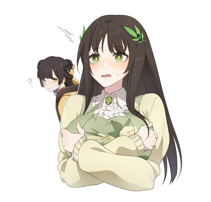 2girls ? black_hair black_survival blush breast_hold breasts brown_hair clover double_bun dress eternal_return:_black_survival green_dress green_eyes gweon_sua hair_bun hair_ornament hands_on_own_breasts highres huge_breasts hyuk0104 jacket leaf_hair_ornament li_dailin long_hair looking_at_viewer multiple_girls open_mouth shamrock simple_background sweatdrop symbol-shaped_pupils upper_body white_background yellow_eyes yellow_jacket