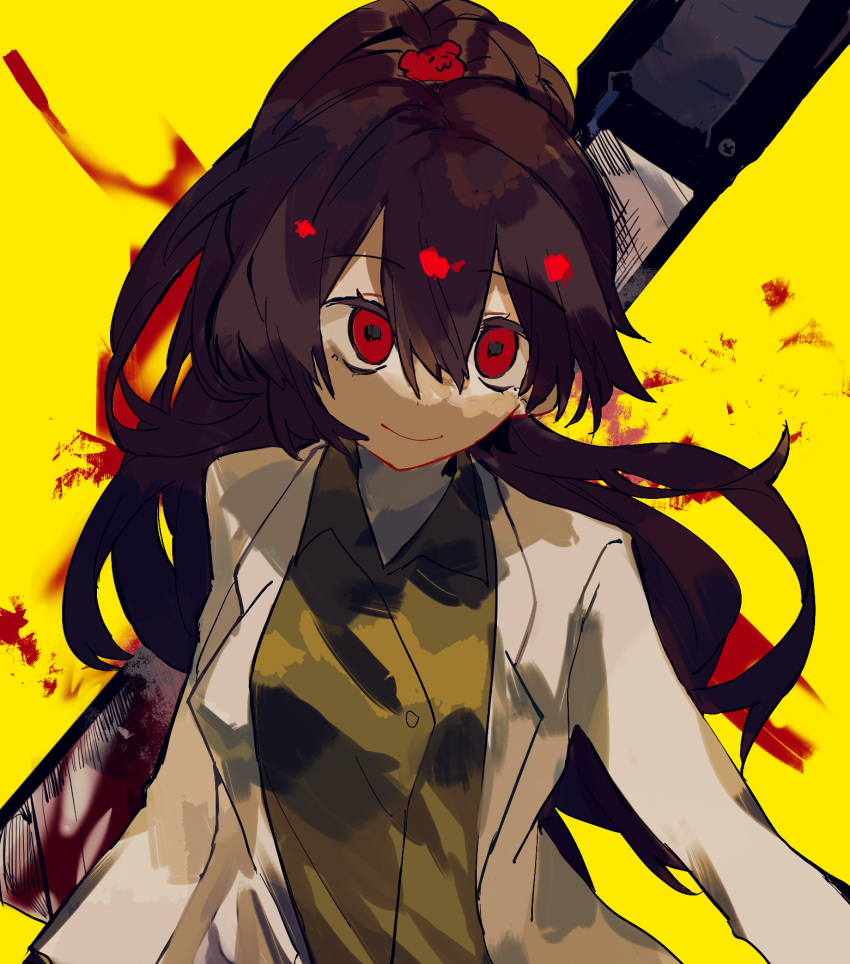 1girl blood boxcutter breasts brown_hair carmen_(project_moon) closed_mouth coat collared_shirt green_shirt he_(minty) high_ponytail highres lobotomy_corporation long_hair long_sleeves medium_breasts project_moon red_eyes shirt sidelocks simple_background smile solo very_long_hair white_coat yellow_background