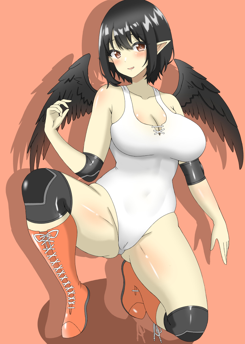 1girl absurdres bird_wings black_hair black_wings blush breasts cameltoe cleavage commentary_request commission cross-laced_footwear full_body groin highres knee_pads large_breasts looking_at_viewer one-piece_swimsuit pointy_ears red_background red_eyes red_footwear school_swimsuit shadow shameimaru_aya shirokumall short_hair simple_background skeb_commission solo swimsuit touhou variant_set white_one-piece_swimsuit wings