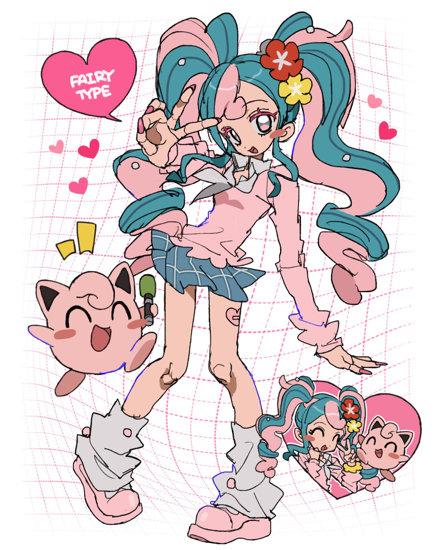 1girl ^_^ bandaid bandaid_on_leg blue_hair blush_stickers cardigan closed_eyes collared_shirt colored_eyelashes curly_hair flower full_body grid_background gyaru hair_flower hair_ornament hatsune_miku heart highres holding holding_microphone jigglypuff jwnn kogal loafers looking_at_viewer loose_socks microphone miniskirt multicolored_hair neckerchief open_mouth pink_cardigan pink_eyes pink_footwear pink_hair pink_nails plaid plaid_skirt pleated_skirt pokemon pokemon_(creature) project_voltage scrunchie shirt shoes skirt socks speech_bubble twintails two-tone_hair v vocaloid white_neckerchief white_shirt wrist_scrunchie