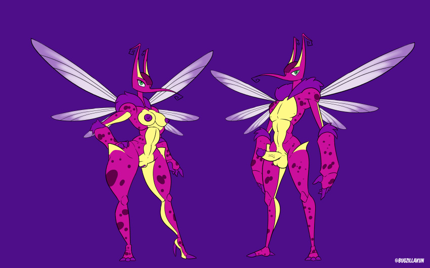 2022 3_toes 4_fingers abs absurd_res antennae_(anatomy) anthro arthropod balls bugzilla clothing curled_antennae dipteran duo erection feet female fingers flat_colors footwear fur genitals hand_on_hip hi_res high_heels humanoid_genitalia humanoid_penis insect insect_wings looking_at_viewer male male/female model_sheet mosquito mossax navel nipples penis pink_body purple_background purple_body purple_fur purple_nipples purple_penis purple_spots pussy signature simple_background slim spectrobe spectrobes spots spotted_body spread_wings thick_thighs toes tuft vein veiny_penis wings yellow_body yellow_penis