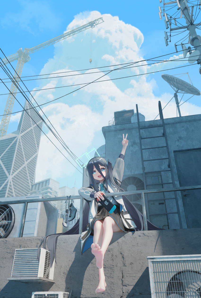 1girl absurdres air_conditioner aris_(blue_archive) arm_up barefoot black_hair black_skirt blue_archive blue_eyes blue_halo blue_necktie blue_sky building city cloud collared_shirt commentary crane_(machine) cumulonimbus_cloud day feet hair_between_eyes halo handheld_game_console highres holding holding_handheld_game_console jacket ladder legs long_hair looking_at_viewer mr_ito necktie open_clothes open_jacket open_mouth outdoors pleated_skirt power_lines radio_tower railing satellite_dish shadow shirt shoes shoes_removed sitting skirt sky skyscraper smile soles solo sunlight teeth toes upper_teeth_only v very_long_hair white_footwear white_jacket white_shirt