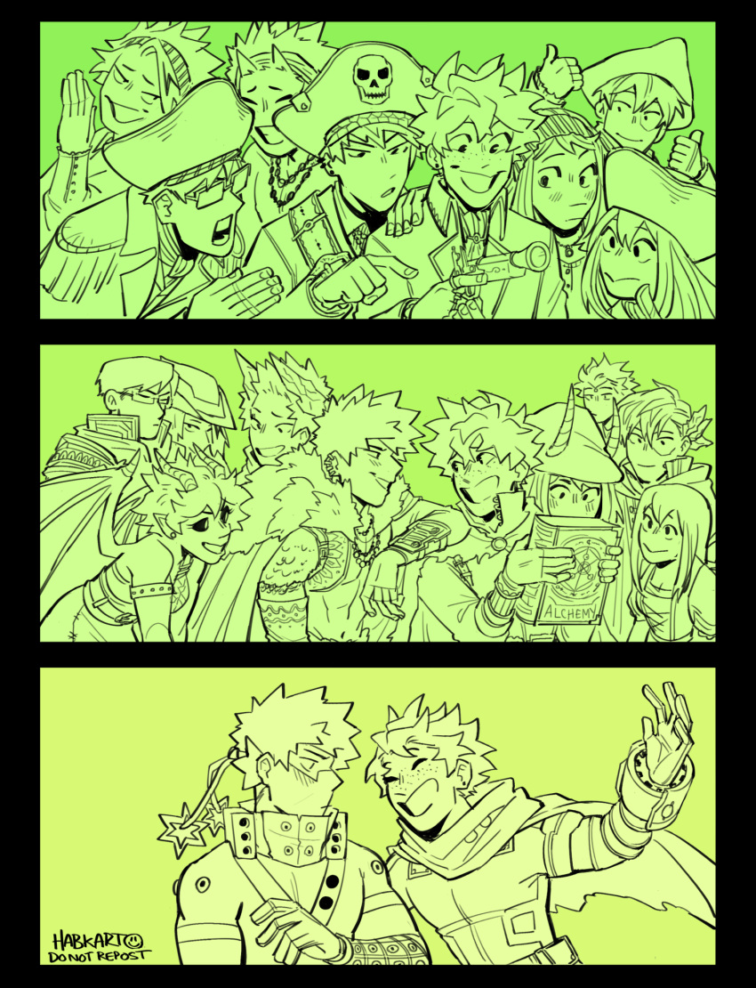 2nd_popularity_poll_(boku_no_hero_academia) ashido_mina asui_tsuyu bakugou_katsuki black_border blush boku_no_hero_academia book border cape closed_eyes closed_mouth commentary double_thumbs_up dragon_girl dragon_horns dragon_wings english_commentary freckles glasses green_background green_theme gun habkart handgun happy hat highres holding holding_book holding_gun holding_weapon horns iida_tenya kaminari_denki kirishima_eijirou long_hair looking_at_another midoriya_izuku monochrome official_alternate_costume open_mouth pirate pirate_costume pirate_hat shinsou_hitoshi short_hair simple_background smile spiked_hair thumbs_up todoroki_shouto uraraka_ochako weapon wings