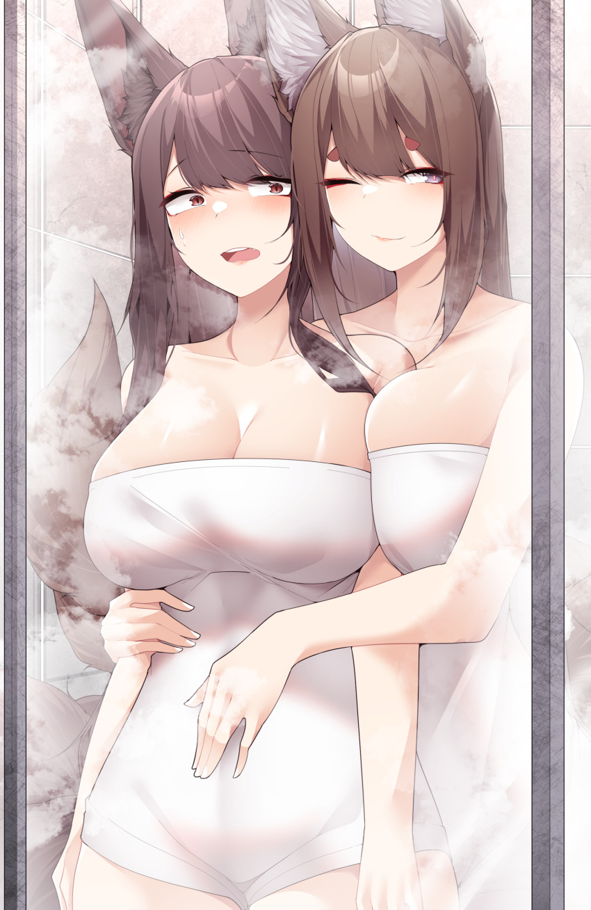 2girls ;) absurdres akagi_(azur_lane) amagi_(azur_lane) animal_ears azur_lane bare_shoulders breasts brown_hair cleavage commentary_request cowboy_shot fox_ears fox_tail highres looking_at_viewer multiple_girls naked_towel one_eye_closed open_mouth samip smile standing tail towel
