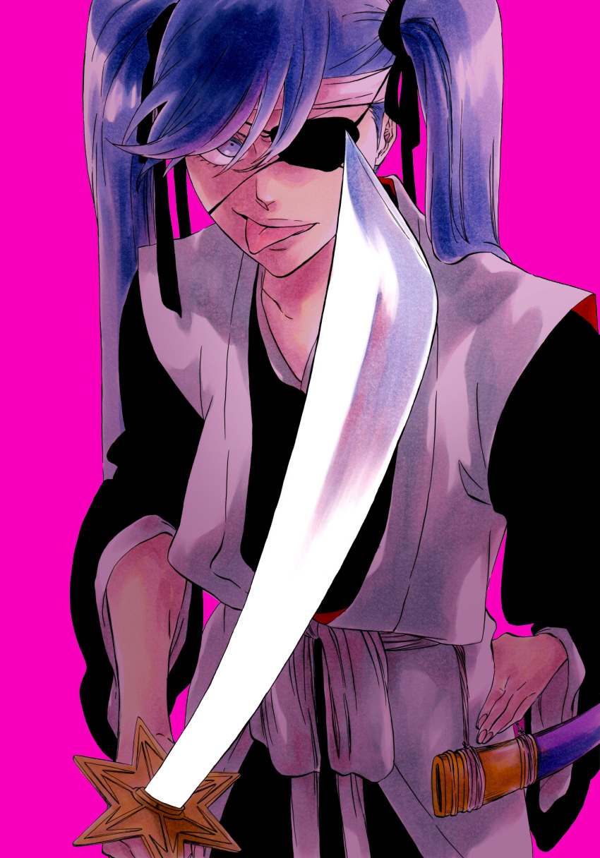 1girl absurdres black_pants black_shirt bleach eyepatch hair_between_eyes hair_ribbon hand_on_own_hip haori headband highres holding holding_sword holding_weapon japanese_clothes katana ken'ichi_(ken1ro_u) looking_at_viewer obi pants pink_background purple_eyes purple_hair ribbon saitou_furoufushi sash scabbard sheath shihakusho shirt solo swept_bangs sword taichou_haori tongue tongue_out twintails upper_body weapon wide_sleeves