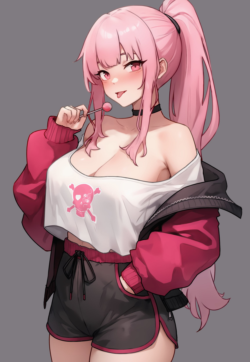 1girl :p absurdres bare_shoulders black_choker black_jacket black_shorts bluefield blush breasts candy choker cleavage crop_top cropped_shirt dolphin_shorts drawstring food grey_background hand_in_pocket hand_up highres holding holding_candy holding_food holding_lollipop hololive hololive_english jacket large_breasts lollipop long_hair long_sleeves looking_at_viewer midriff_peek mori_calliope mori_calliope_(streetwear) multicolored_clothes multicolored_jacket off_shoulder open_clothes open_jacket parted_lips pink_eyes pink_hair ponytail puffy_long_sleeves puffy_sleeves red_jacket shorts sidelocks simple_background skull_and_crossbones solo tank_top tongue tongue_out two-tone_jacket very_long_hair virtual_youtuber white_tank_top