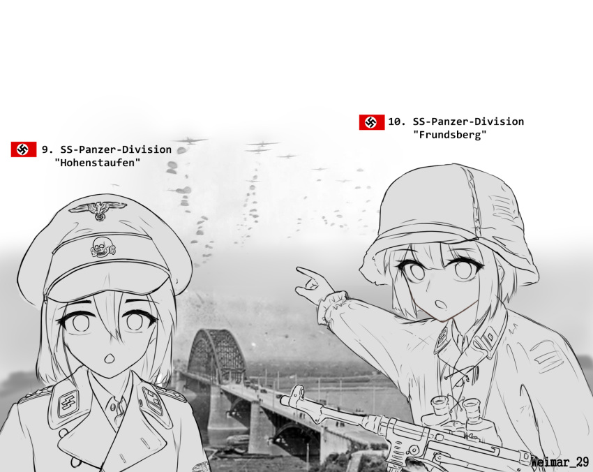 2girls binoculars combat_helmet epaulettes gun hat helmet highres lapels meme military_uniform mp40 multiple_girls operation_market_garden original peaked_cap photo_background pointing ss_insignia submachine_gun totenkopf two_soyjaks_pointing_(meme) uniform waffen-ss weapon weimar_29 world_war_ii