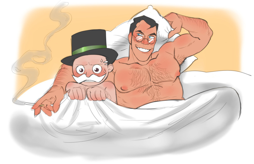 2boys afterglow arm_hair armpit_hair bara bed belly blanket blush board_game chest_hair cigarette crossover glasses hairy hat highres holding holding_blanket holding_cigarette large_pectorals looking_at_another male_focus mature_male medic_(tf2) milburn_pennybags monopoly multiple_boys muscular muscular_male navel_hair nervous_sweating nipples nude pectorals plump seductive_smile short_hair sitting sk7f2 smile smoking sweat team_fortress_2 thick_eyebrows thick_mustache top_hat under_covers upper_body wide-eyed yaoi