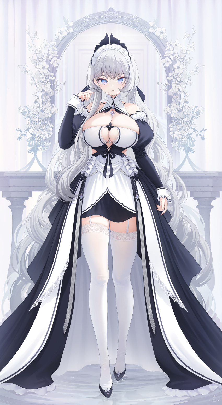 1girl absurdres bare_shoulders blue_eyes breasts cleavage detached_sleeves dress expressionless eyeliner garter_straps highres jewelry large_breasts long_hair looking_at_viewer maid maid_headdress makeup necklace original puffy_sleeves snow_is solo thighhighs very_long_hair white_hair white_thighhighs zettai_ryouiki