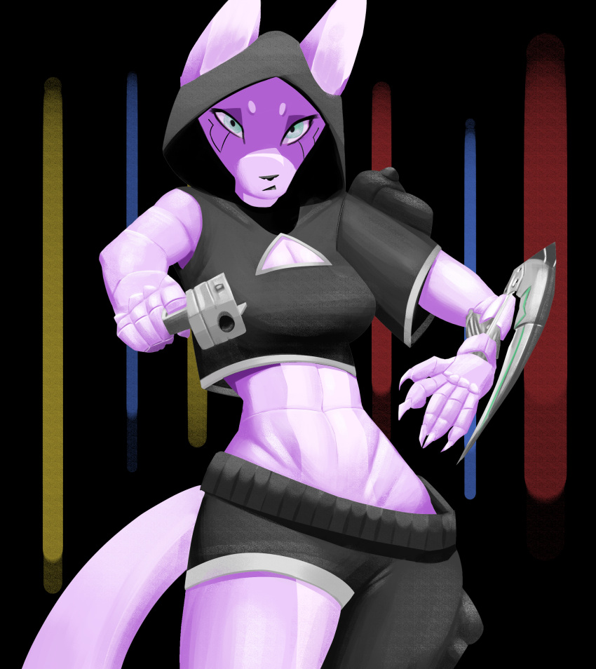 absurd_res animal_humanoid anthro banne blade canid canid_humanoid canine canine_humanoid cleavage_cutout clothing cyberpunk female fox fox_humanoid hi_res hooded hoodie humanoid looking_at_viewer mammal mammal_humanoid midriff narrowed_eyes solo squint tail topwear