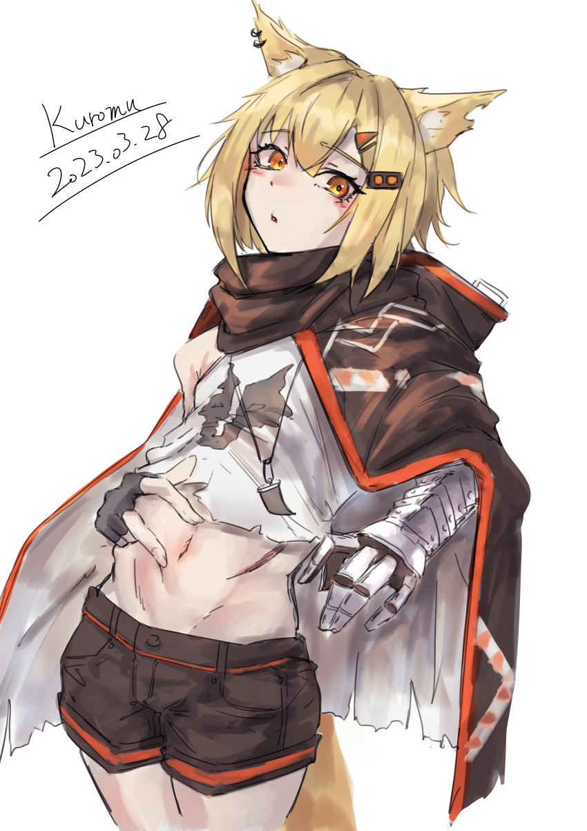 1girl absurdres animal_ear_fluff animal_ears arknights black_gloves black_shorts blonde_hair brown_eyes crop_top dated ear_piercing fingerless_gloves gloves hair_between_eyes hair_ornament hairclip highres kuromu looking_at_viewer midriff navel notched_ear parted_lips piercing prosthesis prosthetic_arm shirt short_shorts shorts simple_background single_glove solo stomach tail vermeil_(arknights) white_background white_shirt