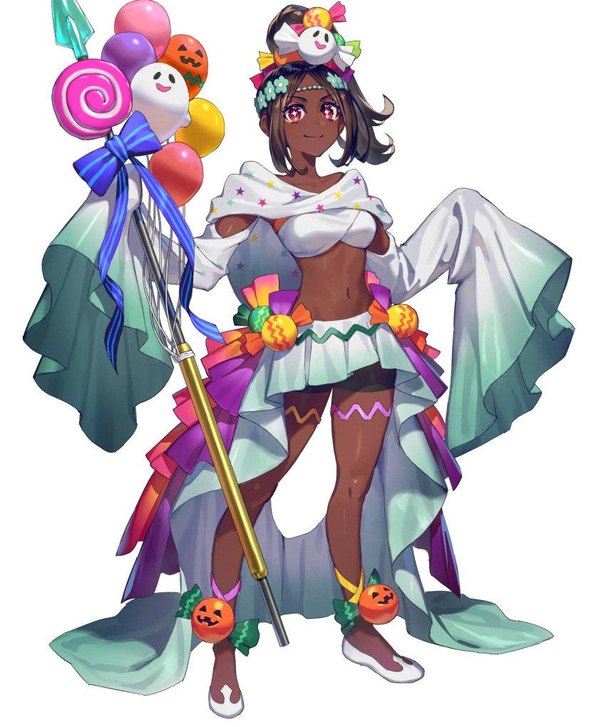 1girl alternate_costume balloon black_shorts breasts brown_hair candy_hair_ornament circlet closed_mouth dark-skinned_female dark_skin fire_emblem fire_emblem_engage fire_emblem_heroes food-themed_hair_ornament full_body ghost_hair_ornament gradient_clothes hair_ornament high_ponytail highres holding holding_weapon jack-o'-lantern long_hair long_sleeves looking_at_viewer medium_breasts midriff navel non-web_source official_alternate_costume official_art okada_manabi parted_bangs polearm ponytail pumpkin red_eyes ribbon shiny_skin shoes shorts skirt sleeves_past_wrists solo spear standing star-shaped_pupils star_(symbol) stomach symbol-shaped_pupils timerra_(fire_emblem) transparent_background weapon wide_sleeves
