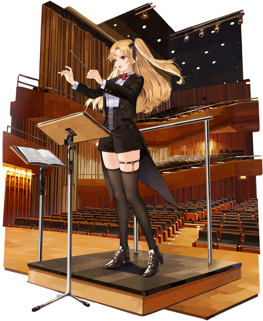 1girl absurdres artist_request azur_lane baton_(conducting) black_jacket black_shorts black_thighhighs blonde_hair bow bowtie cleveland_(azur_lane) cleveland_(golden_conductor)_(azur_lane) closed_eyes conductor full_body high_heels highres jacket long_hair long_sleeves music_stand non-web_source official_alternate_costume official_art one_side_up open_mouth red_bow red_bowtie red_eyes sheet_music short_shorts shorts skindentation smile solo thigh_strap thighhighs