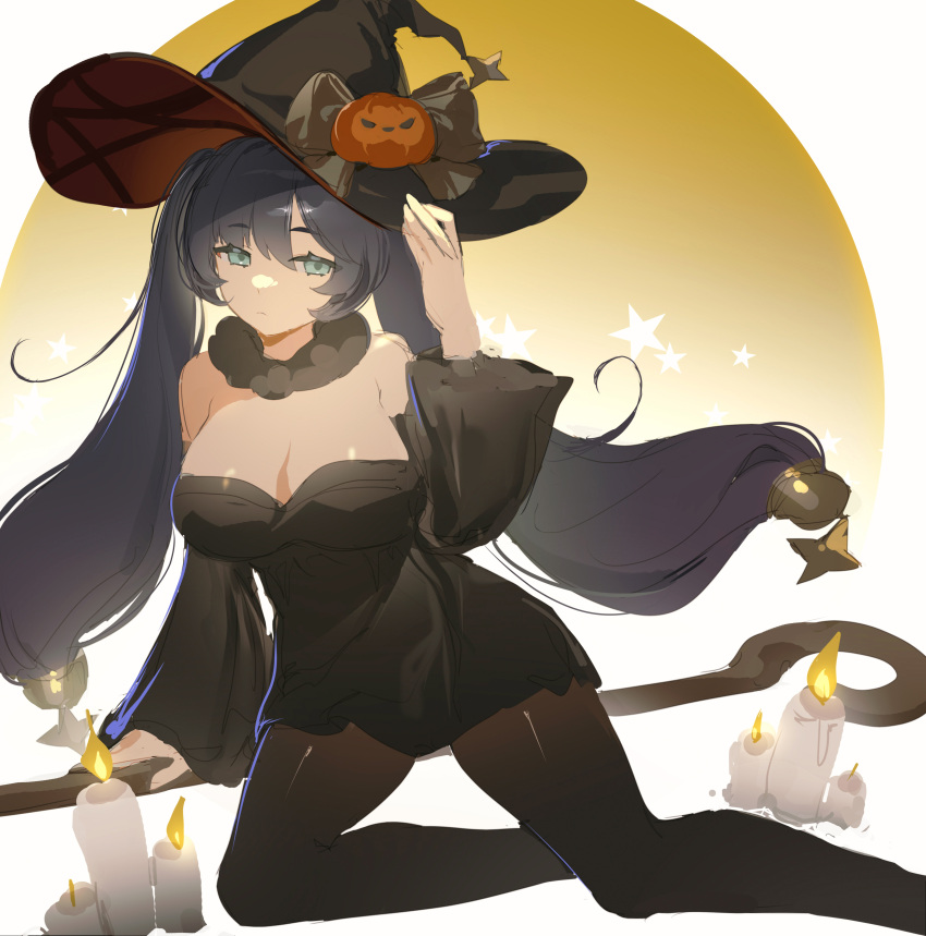 1girl absurdres bare_shoulders black_hair breasts broom candle fur_collar genshin_impact green_eyes halloween_costume hat hat_ornament highres long_hair medium_breasts mona_(genshin_impact) pantyhose pumpkin_hat_ornament shibuya_(kurokamishain) twintails very_long_hair witch witch_hat