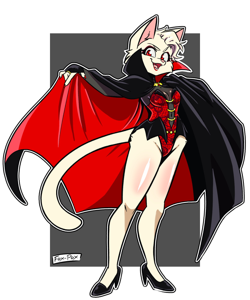 anthro breasts cape clothed clothing costume digit_ring digital_media_(artwork) domestic_cat fangs felid feline felis female footwear geometric_background hair halloween hi_res high_heels holidays jewelry looking_at_viewer mammal open_mouth red_eyes ring shoes simple_background smile solo tail teeth vampire_costume white_body ziggy_fox