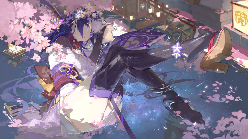 1girl absurdres black_thighhighs bodhi_wushushenghua bridal_gauntlets cherry_blossoms commentary_request engulfing_lightning_(genshin_impact) flower full_body genshin_impact highres japanese_clothes kimono leg_up long_hair looking_at_viewer lying mitsudomoe_(shape) naginata obi obijime on_side open_mouth partially_submerged polearm purple_eyes purple_flower purple_hair purple_kimono raiden_shogun reflection sandals sash single_sandal solo thighhighs tomoe_(symbol) water weapon
