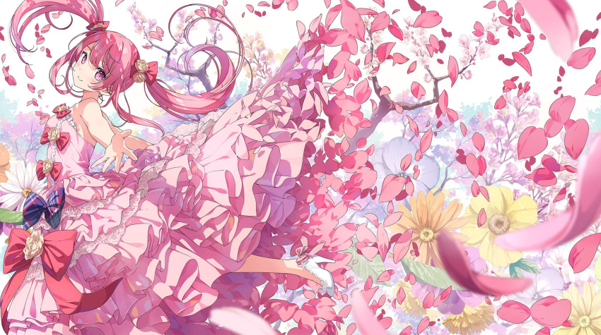 1girl closed_mouth dress flower hair_flower hair_ornament high_heels highres kantoku kurumi_(kantoku) long_hair looking_at_viewer orange_flower original outstretched_arms petals pink_dress pink_eyes pink_hair purple_flower red_ribbon ribbon rose smile solo spread_arms twintails white_footwear yellow_flower yellow_rose