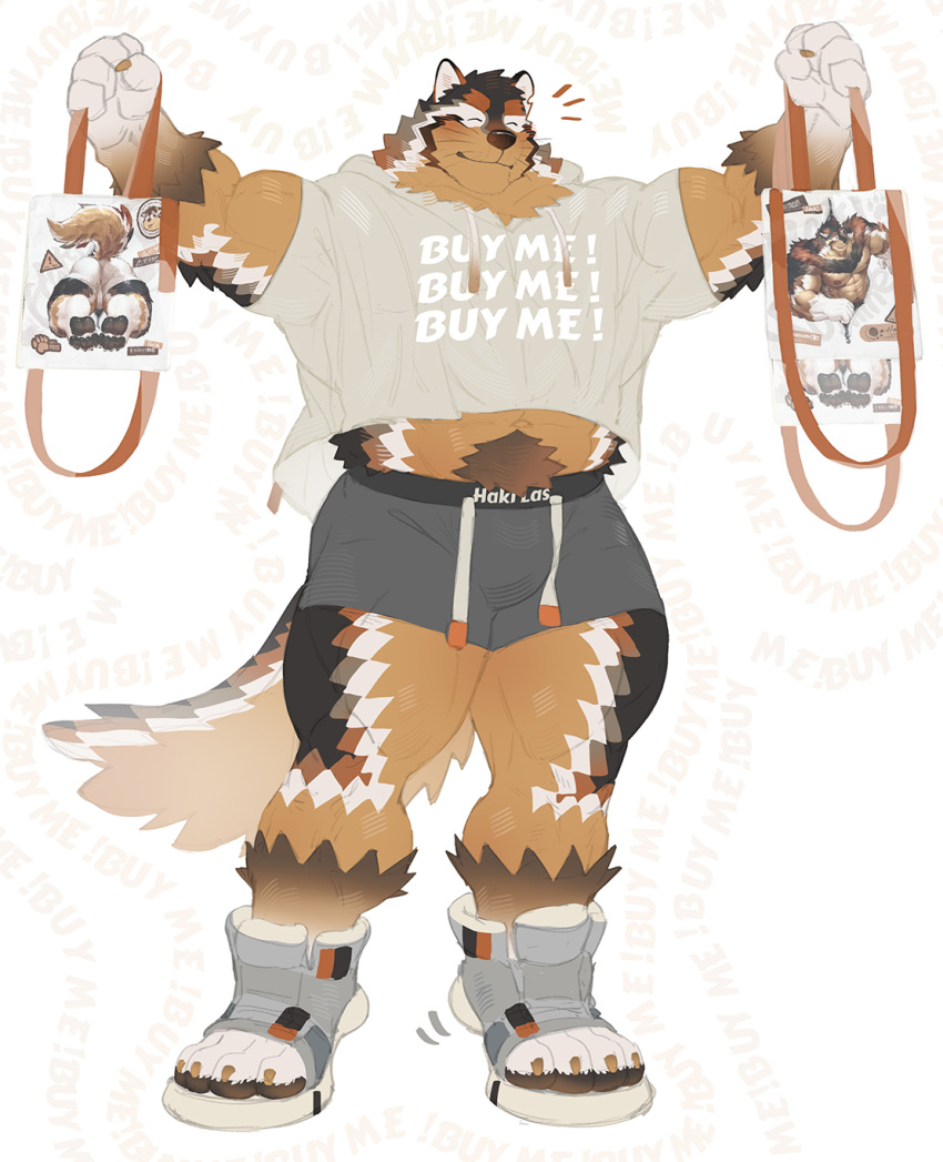 1boy ^_^ animal_ears bara black_fur boogbogex brown_fur bulge closed_eyes clothes_writing cropped_shirt dog_boy dog_ears dog_tail english_text full_body furry furry_male happy_aura highres holding large_pectorals male_focus mature_male merchandise muscular muscular_male navel navel_hair orange_fur original pectorals short_hair short_shorts shorts solo standing stomach tail thick_thighs thighs whiskers white_fur