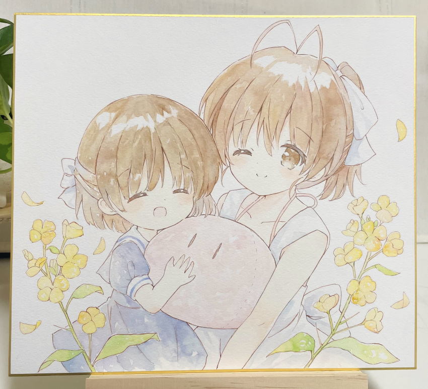 2girls :d ^_^ antenna_hair blue_dress blush bow brown_eyes clannad closed_eyes closed_mouth collarbone commentary_request dango_daikazoku dress eyelashes eyes_visible_through_hair female_child flower framed furukawa_nagisa hair_between_eyes hair_bow happy highres medium_hair mother_and_daughter multiple_girls object_hug okazaki_ushio one_eye_closed open_mouth photo_(medium) ponytail puffy_short_sleeves puffy_sleeves sailor_collar sakura_aki school_uniform shikishi short_sleeves simple_background sleeveless sleeveless_dress smile stuffed_toy sundress traditional_media upper_body white_background white_bow white_dress white_sailor_collar yellow_flower