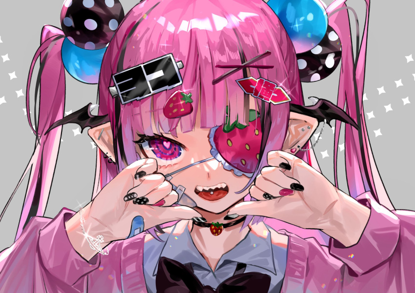 1girl aano_(10bit) bandaid bat_wings black_bow black_bowtie black_choker black_nails blunt_bangs bow bowtie bracelet choker ear_piercing earrings eyepatch food-themed_hair_ornament grey_background hair_ornament hairclip head_wings heart heart_in_eye highres jewelry long_hair looking_at_viewer original piercing pink_eyes pink_hair pink_shirt red_nails sharp_teeth shirt strawberry_hair_ornament symbol_in_eye teeth tongue_piercing twintails white_shirt wings