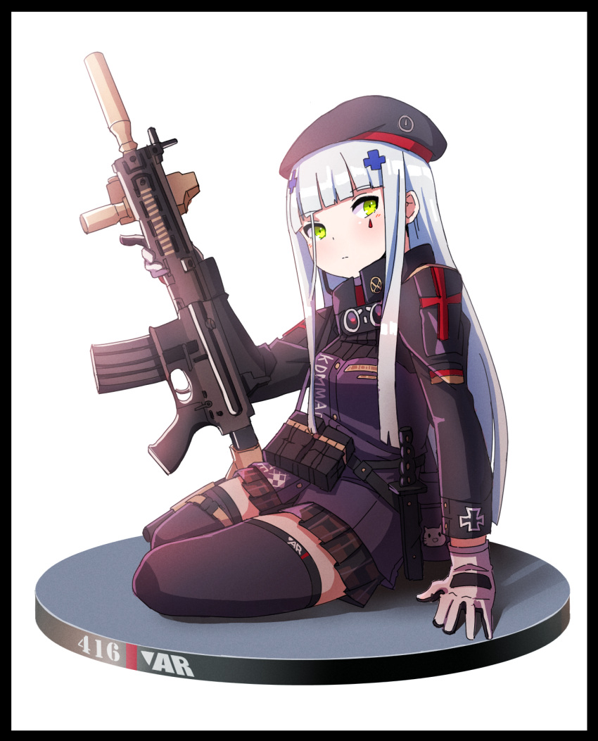 1girl arm_support assault_rifle beret black_border black_headwear black_skirt black_thighhighs blunt_bangs blush border breasts closed_mouth commentary_request cross facial_mark girls'_frontline gloves green_eyes grey_gloves grey_hair gun h&amp;k_hk416 hair_ornament hat highres hk416_(girls'_frontline) holding holding_gun holding_weapon iron_cross jacket kuro_kosyou long_hair looking_at_viewer name_connection object_namesake plaid plaid_skirt pleated_skirt purple_jacket rifle simple_background skirt small_breasts solo thighhighs very_long_hair weapon white_background