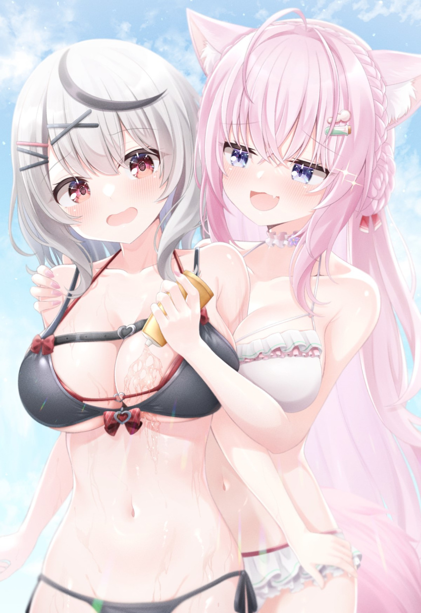2girls @_@ animal_ears antenna_hair applying_sunscreen arm_between_breasts armpit_crease bare_shoulders belt between_breasts bikini black_belt black_bikini black_hair blue_sky blush bow bow_bikini braid braided_bun breasts chest_belt choker cleavage cloud cloudy_sky collarbone commentary_request crown_braid day fang fingernails frilled_bikini frilled_choker frills glint grey_hair groin hair_between_eyes hair_bun hair_ornament hair_ribbon hairclip hakui_koyori hakui_koyori_(3rd_costume) hand_on_another's_shoulder heart_o-ring highres hololive jitome large_breasts long_hair looking_at_another lotion medium_hair minto_yupo multicolored_hair multiple_girls nail_polish navel o-ring o-ring_top open_mouth outdoors pink_choker pink_hair pink_nails plaid plaid_bow purple_eyes red_bikini red_bow red_eyes red_ribbon ribbon sakamata_chloe skin_fang sky smile stomach streaked_hair sunscreen swimsuit tail thighs two-tone_hair virtual_youtuber wet white_bikini white_choker wolf_ears wolf_girl wolf_tail x_hair_ornament yuri