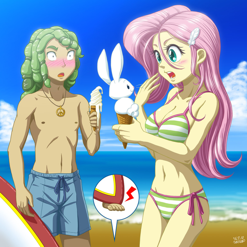 1:1 2010 5_fingers 5_toes accessory angel_(mlp) artist_name beach bikini blue_eyes blue_sky blush blush_lines character_request clothed clothing colored dated dessert equestria_girls feather_in_hair feathers feet female fingers fluttershy_(eg) foam food friendship_is_magic glistening glistening_hair green_hair hair hair_accessory hasbro hi_res holding_food holding_object human ice_cream ice_cream_cone long_hair looking_at_another male male/female mammal my_little_pony navel nipples open_mouth peace_symbol pink_hair portrait sandalwood seaside shoulder_length_hair sky surfboard swimming_trunks swimwear three-quarter_portrait toes topless topless_male unknown_artist white_clouds