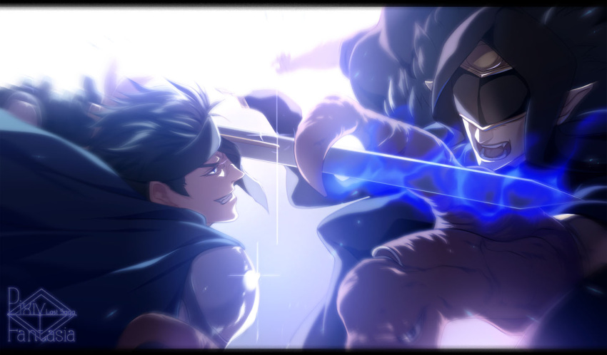 2boys :o ansudada_(pixiv_fantasia_last_saga) aura battle black_headband clenched_teeth copyright_name headband holding holding_sword holding_weapon killingrock male_focus multiple_boys pixiv_fantasia pixiv_fantasia_last_saga pointy_ears scar scar_on_face sword teeth weapon zakhar_(pixiv_fantasia_last_saga)