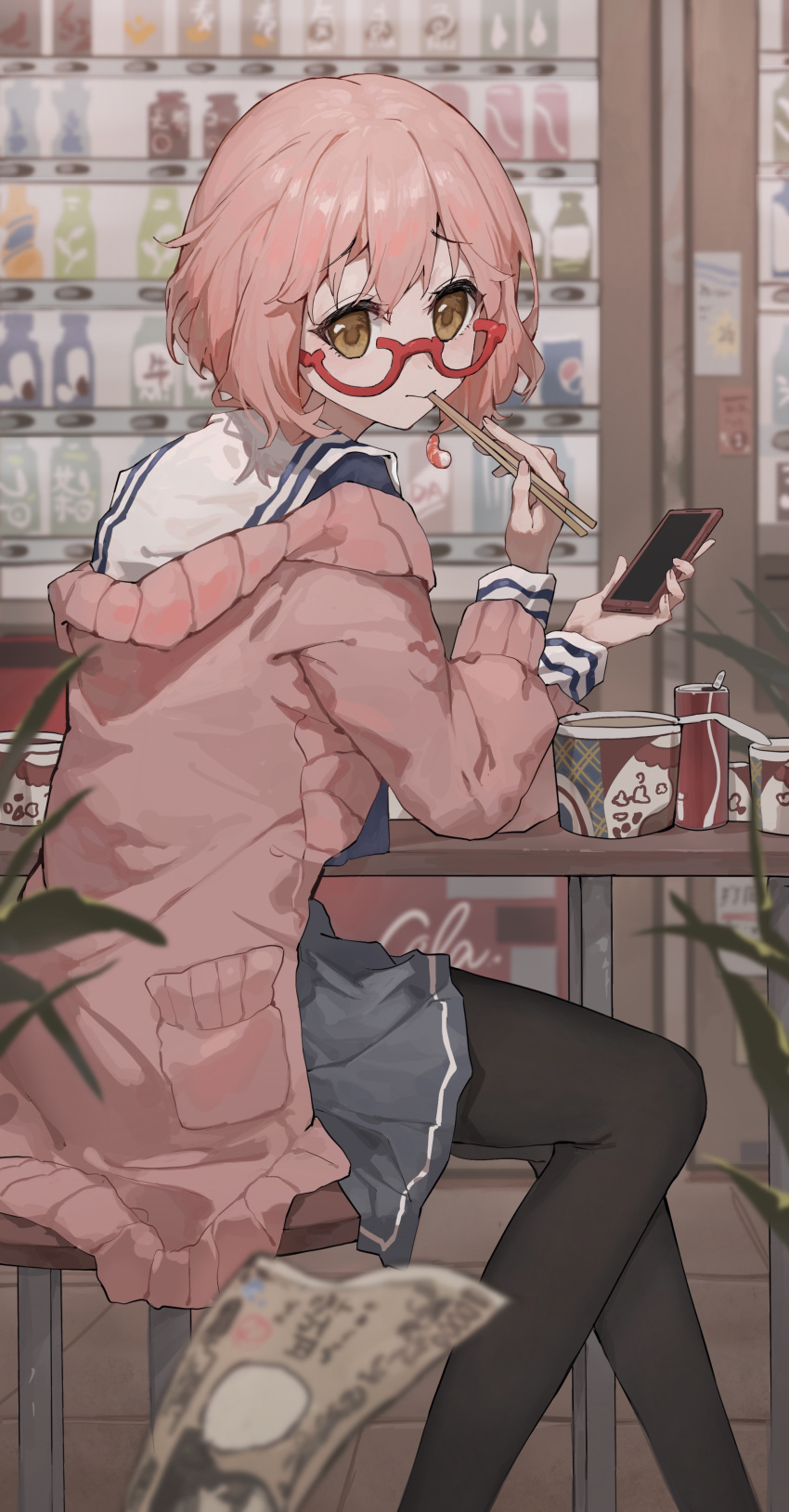 1girl absurdres black_pantyhose cardigan cellphone chopsticks closed_mouth glasses grey_skirt highres holding holding_chopsticks holding_phone kuriyama_mirai kyoukai_no_kanata long_sleeves money pantyhose phone pink_cardigan pink_hair pleated_skirt red-framed_eyewear sentter short_hair sitting skirt smartphone solo vending_machine yellow_eyes