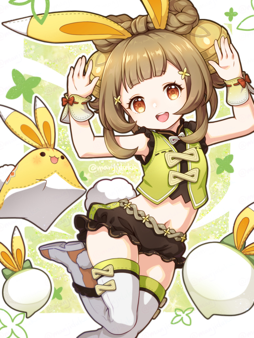 1girl :d adapted_costume alternate_costume animal_ears armpits bell black_shorts blunt_bangs boots bow-shaped_hair braid brown_hair bunny_day chinese_clothes commentary_request fake_animal_ears genshin_impact hair_bell hair_ornament hands_up highres long_hair looking_at_viewer manji_taba navel orange_eyes rabbit_ears radish short_shorts shorts sidelocks simple_background sleeveless smile solo standing standing_on_one_leg stomach stuffed_animal stuffed_rabbit stuffed_toy thigh_boots twin_braids white_footwear yaoyao_(genshin_impact) yuegui_(genshin_impact)