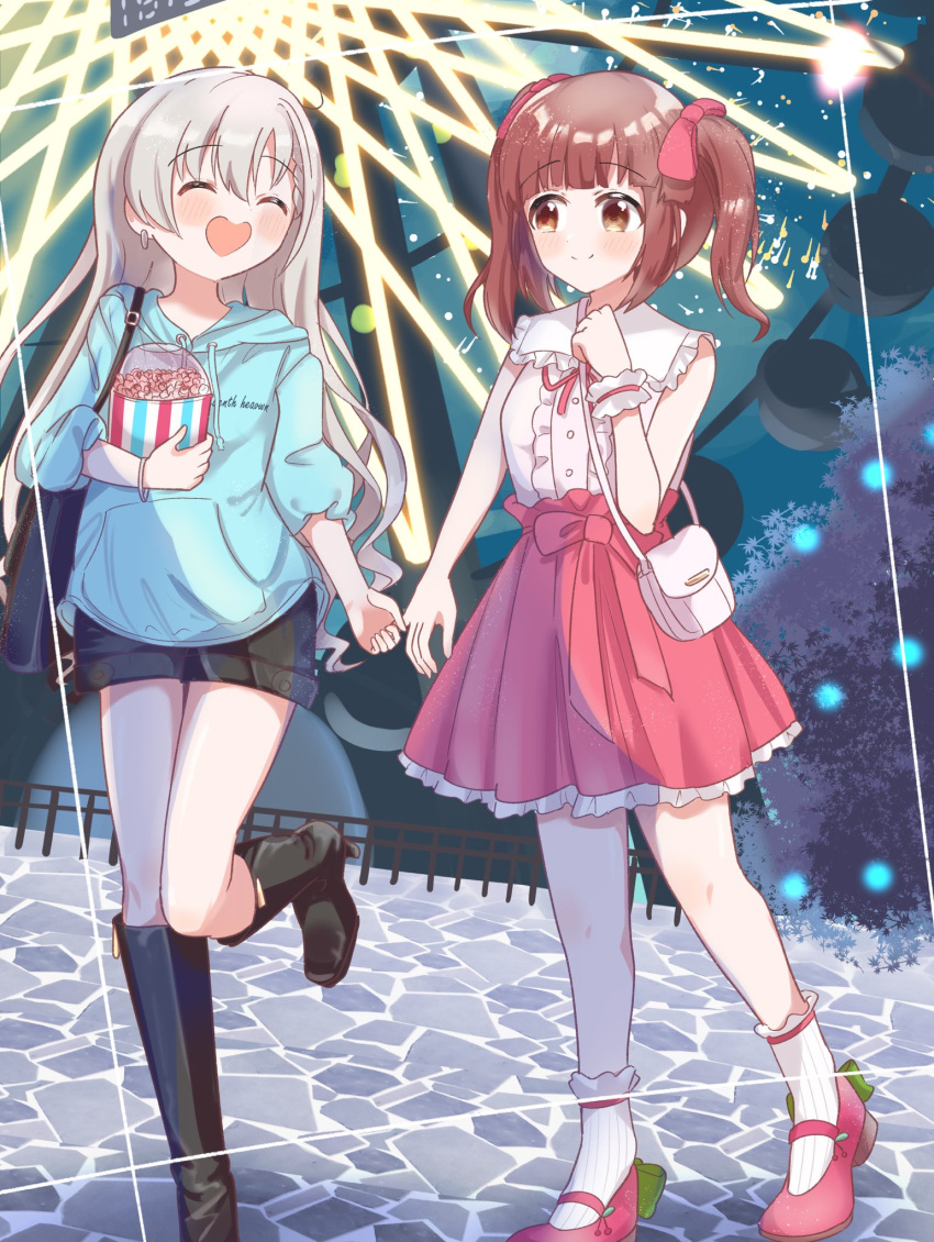 2girls ^_^ amusement_park bag bare_shoulders black_footwear black_shorts blue_hoodie blush boots bow bracelet braid brown_eyes brown_hair cherry clock closed_eyes digital_clock earrings fence ferris_wheel fireworks food frilled_shirt frilled_socks frills fruit green_ribbon grey_hair grid heart-shaped_mouth highres hisakawa_hayate holding_another's_finger hood hood_down hoodie idolmaster idolmaster_cinderella_girls idolmaster_cinderella_girls_starlight_stage illumination jewelry knee_boots long_hair mary_janes matudaio multiple_girls night ogata_chieri open_mouth pavement popcorn red_ribbon red_skirt ribbon shirt shoes short_hair shorts shoulder_bag skirt smile socks standing standing_on_one_leg tree twintails waist_bow white_bag