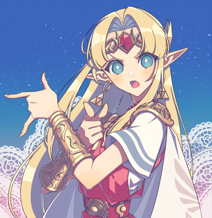 1girl bishoujo_senshi_sailor_moon blonde_hair bracelet dress forehead_jewel highres jewelry long_hair looking_at_viewer miri_(cherryjelly) open_mouth parted_bangs pink_dress pointy_ears princess_zelda purple_eyes shoulder_guard solo super_smash_bros. the_legend_of_zelda tiara tsuki_ni_kawatte_oshioki_yo very_long_hair w