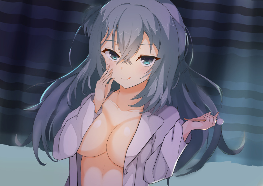1girl :q absurdres aqua_eyes aqua_hair blush breasts cleavage closed_mouth coat collarbone commentary_request crossed_bangs curtains eyelashes eyes_visible_through_hair hair_between_eyes hands_up highres holding indoors lab_coat large_breasts licking_lips long_hair long_sleeves looking_at_viewer megumu_(dhpc8573) midriff mimikaki naked_labcoat naughty_face night one_side_up open_clothes open_coat riddle_joker shikibe_mayu sidelocks smile solo tongue tongue_out tsurime upper_body upturned_eyes